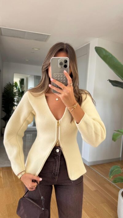 Mng Gold Zippered Knitwear Cardigan - Ecru