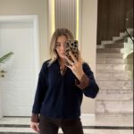 Navy Blue-Brown Collar Denim Sweater