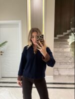 Navy Blue-Brown Collar Denim Sweater