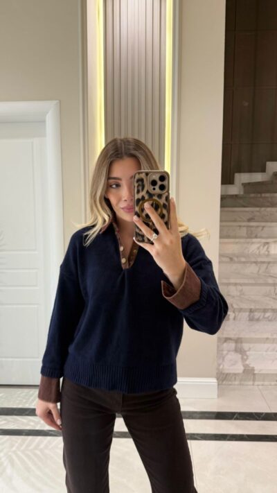 Navy Blue-Brown Collar Denim Sweater