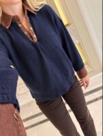 Navy Blue-Brown Collar Denim Sweater - Image 2