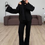 Scarfed V Neck Knitwear Set Black