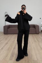 Scarfed V Neck Knitwear Set Black