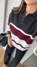 Anthracite Claret Red Striped Polo Neck Knitwear - Image 2