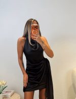 Backless Tied Satin Mini Claret Black Dress