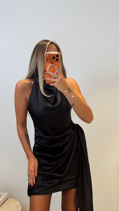 Backless Tied Satin Mini Claret Black Dress