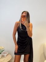 Backless Tied Satin Mini Claret Black Dress - Image 2