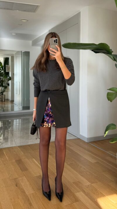 Sequin Detailed Mini Skirt - Anthracite