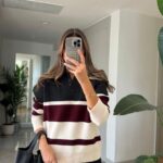Anthracite Claret Red Striped Polo Neck Knitwear