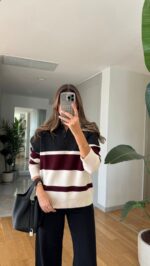 Anthracite Claret Red Striped Polo Neck Knitwear
