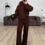 Scarfed V Neck Knitwear Set Brown