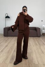 Scarfed V Neck Knitwear Set Brown