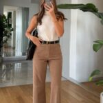Tosy High Waist Suede Pants -Beige