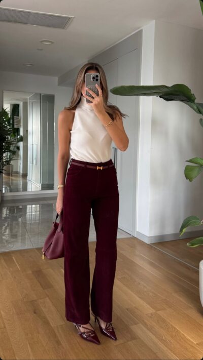 Tosy High Waist Suede Pants -Bordeaux
