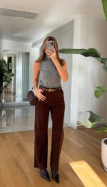 Tosy High Waist Suede Pants -Dark Brown