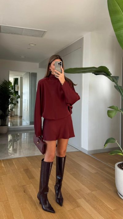 Bat Sleeve Mini Satin Dress - Claret Red