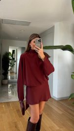 Bat Sleeve Mini Satin Dress - Claret Red - Image 2