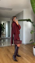 Bat Sleeve Mini Satin Dress - Claret Red - Image 3
