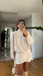 Bat Sleeve Mini Satin Dress - Ecru - Image 2
