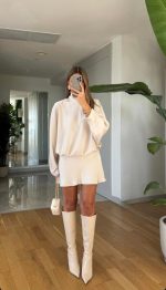 Bat Sleeve Mini Satin Dress - Ecru
