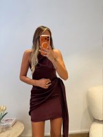 Backless Tied Satin Mini Claret Red Dress - Image 3