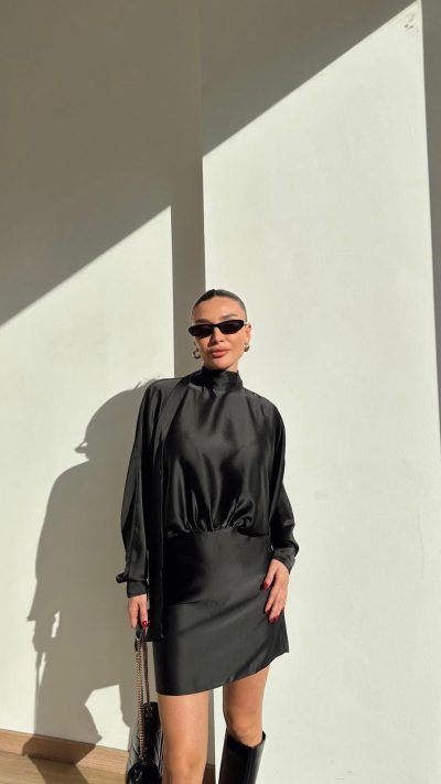 Long Sleeve Satin Tie Dress Black