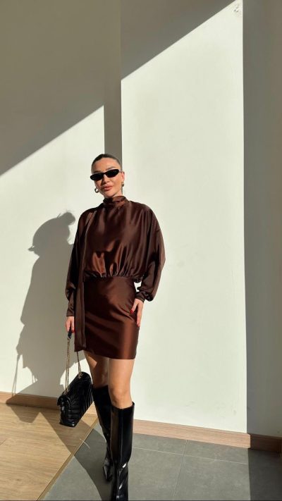 Long Sleeve Satin Tie Dress Brown