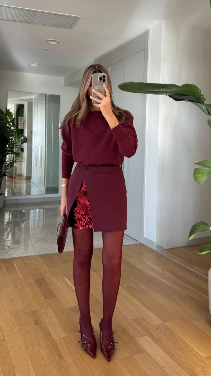 Sequin Detailed Mini Skirt - Claret Red
