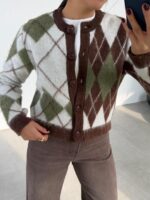 Dark Cinnamon-Bone Baklava Pattern Cardigan - Image 2