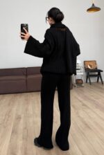 Scarfed V Neck Knitwear Set Black - Image 3