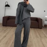 Scarfed V Neck Knitwear Set Anthracite