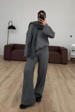 Scarfed V Neck Knitwear Set Anthracite