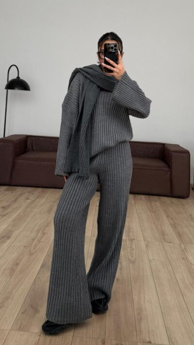 Scarved V Neck Knitwear Set Anthracite