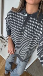 Polo Collar Gray Striped Knitwear - Image 2