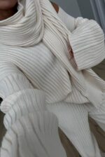 Scarfed V Neck Knitwear Set Beige - Image 3