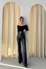 Lycian Spanish Leg Black Belted Leather Trousers