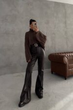Lycian Spanish Leg Bitter Brown Belted Leather Trousers - Image 3