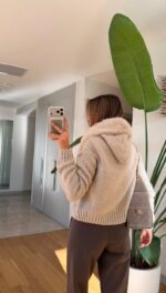 Fur Hooded Zippered Cardigan - Beige - Image 2
