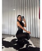 Lace detail velvet dress - Black - Image 3