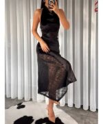 Lace detail velvet dress - Black - Image 2