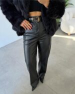Black High Waist Leather Palazzo Pants