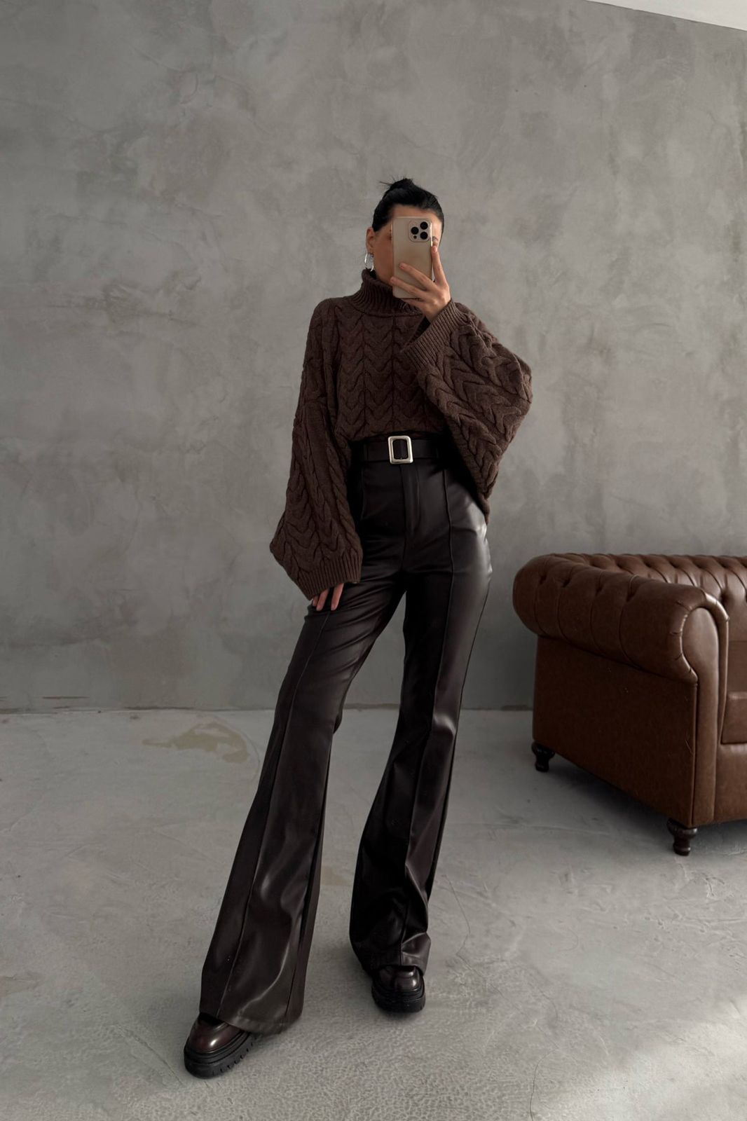 3e0c9823-c9d3-49ca-be9f-78c0b9de97bb Lycian Spanish Leg Bitter Brown Belted Leather Trousers - Image 1