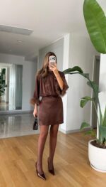 Satin Dress with Sleeves - Brown - Image 2