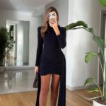 Padded Dress with Train and Drape - Navy Blue