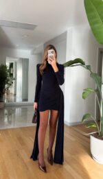 Padded Dress with Train and Drape - Navy Blue