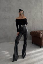 Lycian Spanish Leg Black Belted Leather Trousers - Image 2