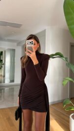 Draped Padded Dress with Train - Brown - Image 3