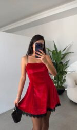 Claret Red Velvet Lace Detailed Dress - Image 3
