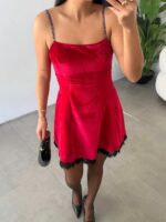 Claret Red Velvet Lace Detailed Dress - Image 2