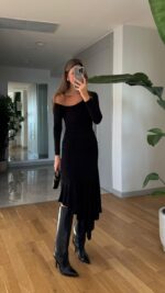 Asymmetric Stone Detailed Dress - Black